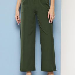 Girls Casual Wear Dark Green Colour Solid Crepe Pant-image-87