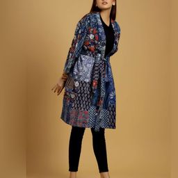HANDICRAFT PALACE Blue Printed Pure Cotton Shawl CollarBathRobe-8