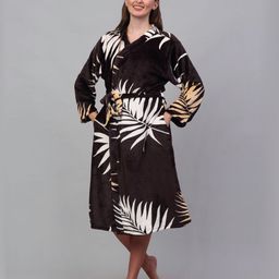 KLOTTHE Brown & White Tropical Printed Woollen Bath Robe With Belt-image-86