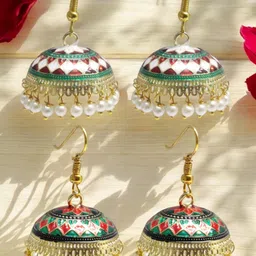 OOMPH Set of 2 Dome Shaped Meenakari Beaded Jhumka Earrings-3