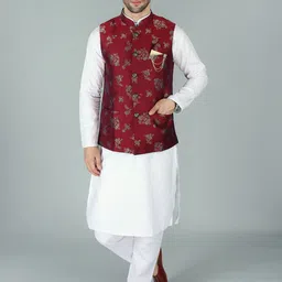 Exotic India 
Floral Printed Woven Nehru Jacket-image-55