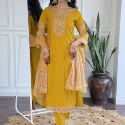 KALINI Floral Embroidered V-Neck Sequinned A-Line Kurta With Trousers & Dupatta-picture-0