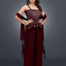 SANCIA Shoulder Straps Embroidered Georgette Ethnic Tunic With Palazzos & Dupatta image 4