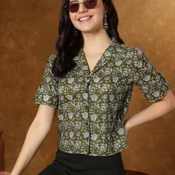 KALINI Floral Print Roll-Up Sleeves Cotton Shirt Style Crop Top-image-66
