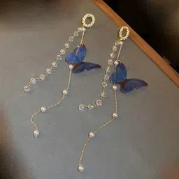 DressBerry Korean Gold-Plated American Diamond & Pearls Butterfly Animal Drop Earrings-picture-10
