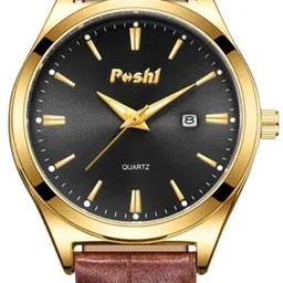 Poshi Men Round Dial Genuine Leather Strap Watch with Adjustable Clasp image 2