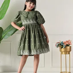 Bella Moda Girls Floral Embroidered Puff Sleeve Fit & Flare Cotton Dress-picture-7