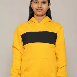 MOONAAH Girls Yellow & Black Colourblocked Hooded Cotton Sweatshirt-picture-35