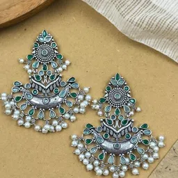 NAMAN ARTS Silver-Plated Stones Studded & Beaded Floral Shaped Oxidised Chandbalis-image-62
