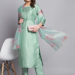 VredeVogel Floral Embroidered Sequinned Chanderi Silk Kurta With Trousers & Dupatta-1