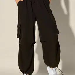 QIOA Women Relaxed Loose Fit High-RiseCargos Trousers-image-97