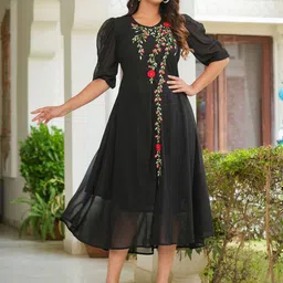 YASH GALLERY Embroidered Puff Sleeve Georgette A-Line Midi Dress-31