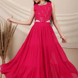 Inddus Girls Embroidered Sequinned Ready to Wear Lehenga &-image-84