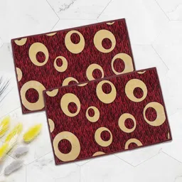 Aura 2Pcs Brown & Red Circles Design Patterned Cotton Anti-Skid Doormats-4