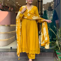 KAUTIK FABRICS Women Embroidered Regular Thread Work Silk Chiffon Kurta with Trousers & With Dupatta-picture-28