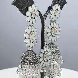 shreeji jewels Ghungroo Beaded & Stones Studded Oxidised Dome Shaped Jhumkas & Maang Tika-picture-10