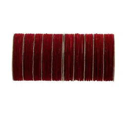 Guddan Set of 60 Maroon & Golden Metal Velvet Bangle Set-image-45