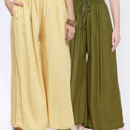 Clora Creation Women Pack Of 2 Yellow & Olive Green Flared Knitted Palazzos-image-85