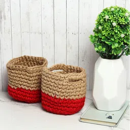 HABERE INDIA Red and Brown Set of 2 Color blocked Jute Crochet Baskets-0