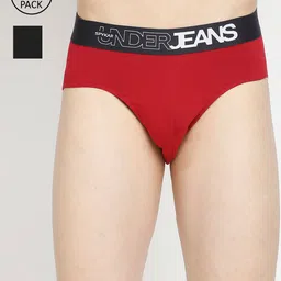 UnderJeans by Spykar Men Black & Maroon Pack Of 2 Solid Basic Briefs-image-91