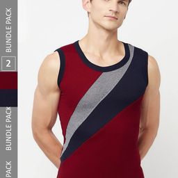 T.T.Men Pack Of 2 Titanic Designer Pure Cotton Colourblocked Gym Vests-image-10