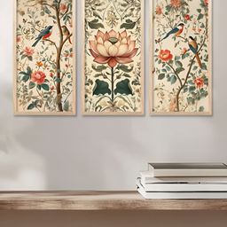 WALLLANE Cream-Coloured & Green 3 Pieces Floral and Botanical Wooden Wall Paintings-11