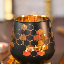 MARKET99 Black & Gold Toned 2 Pieces Printed Glass T-Lite Holders-image-87