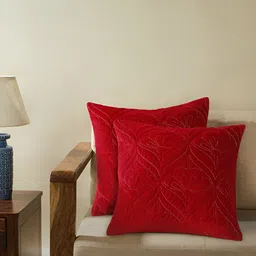 House of Pataudi Red 2 Pieces Embroidered Velvet Cushion Covers-image-86