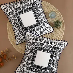 TARAN LIVING Off White 2 Pieces Ethnic Motifs Embroidered Cotton Square Cushion Covers-image-10