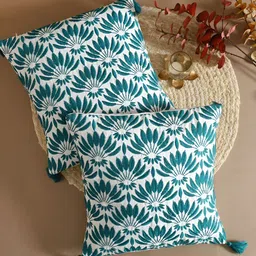 TARAN LIVING Teal Green & White 2 Pieces Floral Embroidered Cotton Square Cushion Covers-44