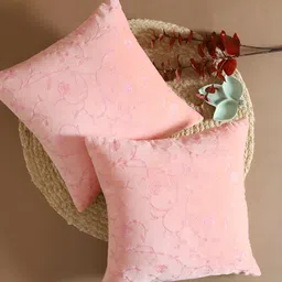 TARAN LIVING Pink 2 Pcs Embroidered Square Cotton Cushion Covers-28