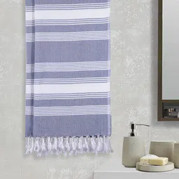 Arrabi Set Of 2 Blue & White Striped 210 GSM Handwoven Cotton Bath Towels-23