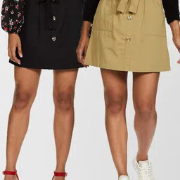 Dream of Glory Inc Women Pack Of 2 Beige & Black Solid A-Line Mini Pure Cotton Skirts-image-97