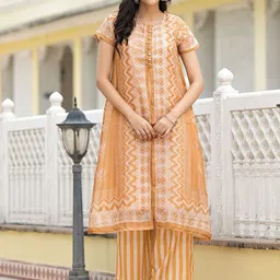AKS Women Printed Regular Linen Kurta with Palazzos-picture-2