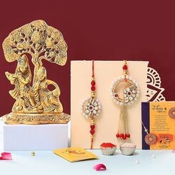 CraftVatika 5-Pcs Radha Krishana Showpiece Greeting Card & Roli Chawal Rakhi Gift Set-image-58