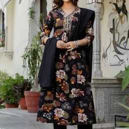 Anouk Floral Printed Thread Work Pure Cotton Straight Kurta With Trousers & Dupatta-42