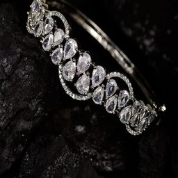 SHARLEEZ Rhodium-Plated American Diamond Studded Kada Bracelet-image-7