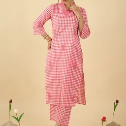 Indo Era Checked V Neck Thread Work Pure Cotton Straight Kurta With Trousers-17