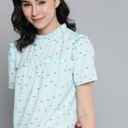 ANJIR Women Floral Printed Short Sleeves Frills Round Neck Top-image-40