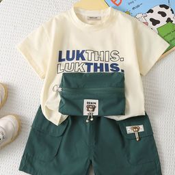 INCLUD Boys Typography Printed T-shirt Attached Dark Green Zipper Pouch With Shorts-43