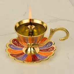 StyleMyWay Gold-Toned Intricate Design Diya With Base Plate & Handle-image-92