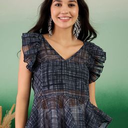 all about you Checked Flutter Sleeve Georgette Peplum Top-13