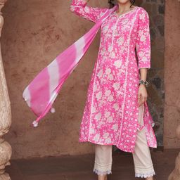 Sangria Pink Floral Printed Notch-Neck Pure Cotton Straight Kurta With Trousers & Dupatta-picture-37