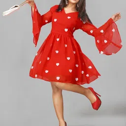 APNISHA Polka Dot Embroidered Bell Sleeve Georgette Fit & Flare Dress-picture-23