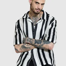 Snitch Men Relaxed Oversized Fit Cuban Collar Chevron Printed Cotton Casual Shirt-image-56