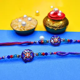 ORANGENYSHA Set Of 2 American Diamond Studded & Beaded Meenakari Thread Rakhis-22