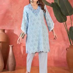 Sangria Floral Schiffli Embroidered Thread Work Pure Cotton Straight Kurta With Trousers-14