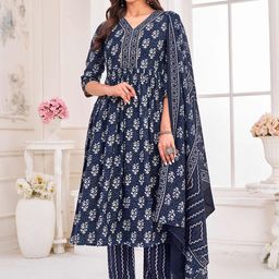MOJILAA Women Printed Regular Sequinned Kurta with Trousers & With Dupatta-13
