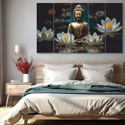 The Castle Decor Teal & Gold-Toned 5 Piece Wood Religious Wall Paintings-image-61