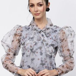 Fabway Clothing Floral Print Tie-Up Neck Puff Sleeve Top-image-43